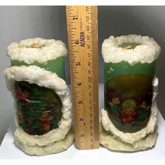 Christmas Pilar Candles Green Angels Pixie Puffy Snow Design Set of 2 Retro 6" - Picture 8 of 8
